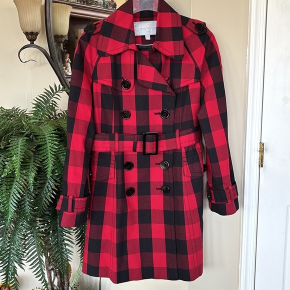 Jessica Simpson Buffalo Plaid Red Black Belted Coat Long Christmas Trench Jacket - Picture 15 of 15